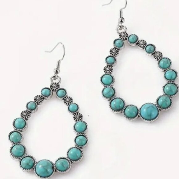 d'Vine Products Jewelry - Bohemian Teardrop Earrings - Synthetic Turquoise & Electro-Plated White Gold